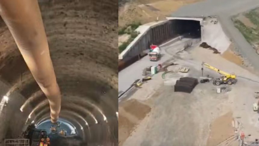 Utilaje grele și echipe de muncitori lucrând la cofrarea și turnarea betonului în interiorul unei galerii de tunel de pe autostrada A1 Margina - Holdea.