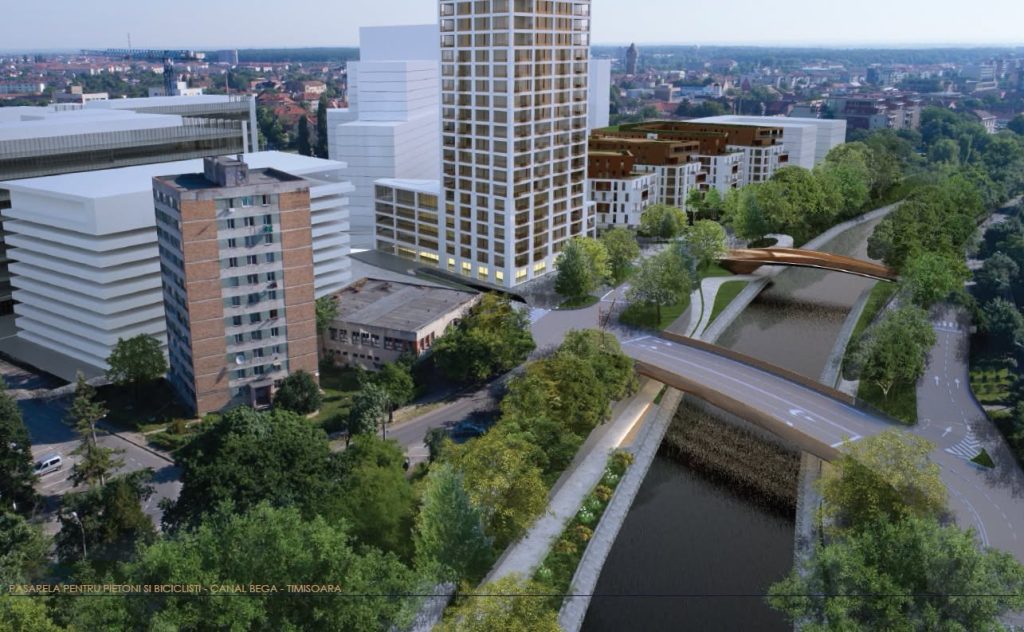 Randare tridimensională sau zonă din Timișoara unde se vor construi cele două poduri noi peste Bega în cadrul proiectului Inelul 2 Est.