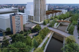 Randare tridimensională sau zonă din Timișoara unde se vor construi cele două poduri noi peste Bega în cadrul proiectului Inelul 2 Est.