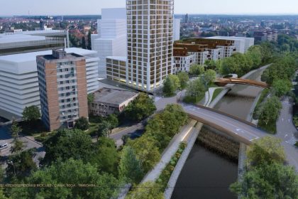 Randare tridimensională sau zonă din Timișoara unde se vor construi cele două poduri noi peste Bega în cadrul proiectului Inelul 2 Est.
