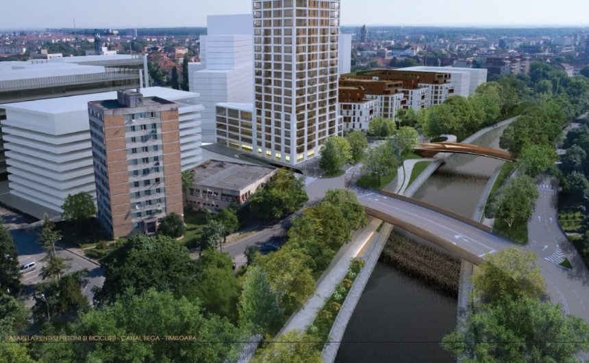 Randare tridimensională sau zonă din Timișoara unde se vor construi cele două poduri noi peste Bega în cadrul proiectului Inelul 2 Est.