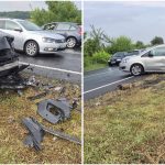 Autospeciale de pompieri și ambulanțe SMURD staționate pe marginea drumului, intervenind la un accident cu trei mașini în Șag.