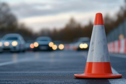 Indicatoare rutiere de ocolire și balize de semnalizare instalate pe o stradă din Timișoara în zona unor lucrări la carosabil.