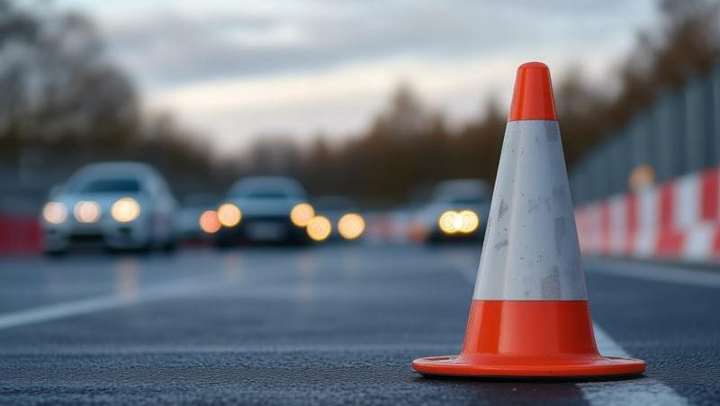 Indicatoare rutiere de ocolire și balize de semnalizare instalate pe o stradă din Timișoara în zona unor lucrări la carosabil.