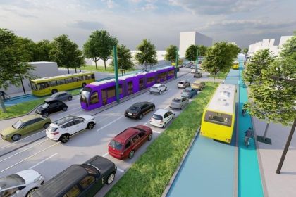 Vedere de ansambru cu traficul auto și transportul public pe Calea Șagului din Timișoara, arteră ce va fi modernizată prin proiectul Magistrala Verde.