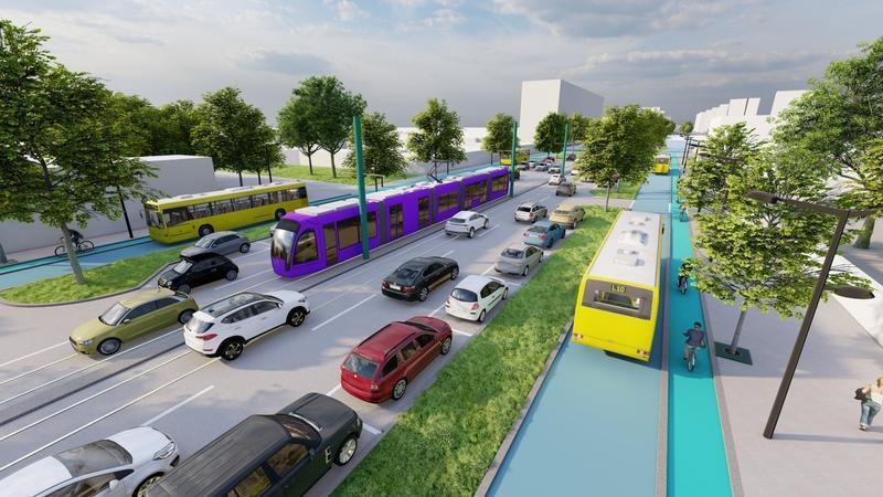 Vedere de ansambru cu traficul auto și transportul public pe Calea Șagului din Timișoara, arteră ce va fi modernizată prin proiectul Magistrala Verde.