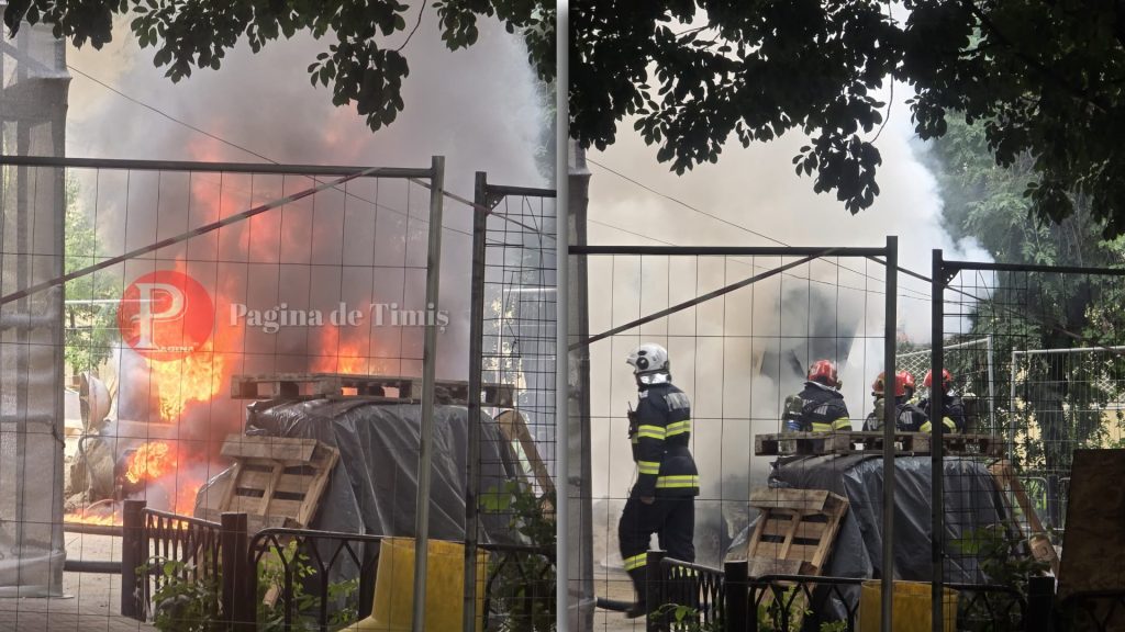 Fum gros si flacari de la un utilaj care a luat foc pe un santier de pe strada Ion Vidu, langa caminele din Complexul Studentesc Timisoara.