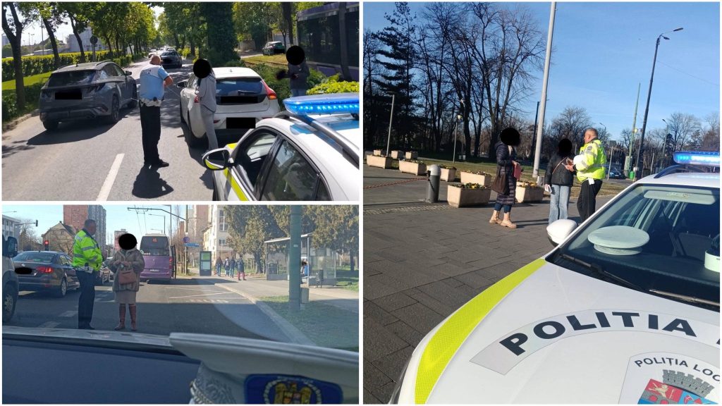 Trecere de pietoni din Timișoara și tramvai în stație, context amenzi traversare neregulamentară.