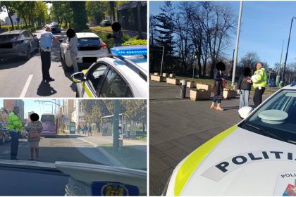 Trecere de pietoni din Timișoara și tramvai în stație, context amenzi traversare neregulamentară.