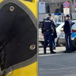 Echipaj de poliție pe strada Oituz din Timișoara, unde s-au găsit cartușe într-un tomberon.