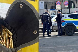 Echipaj de poliție pe strada Oituz din Timișoara, unde s-au găsit cartușe într-un tomberon.