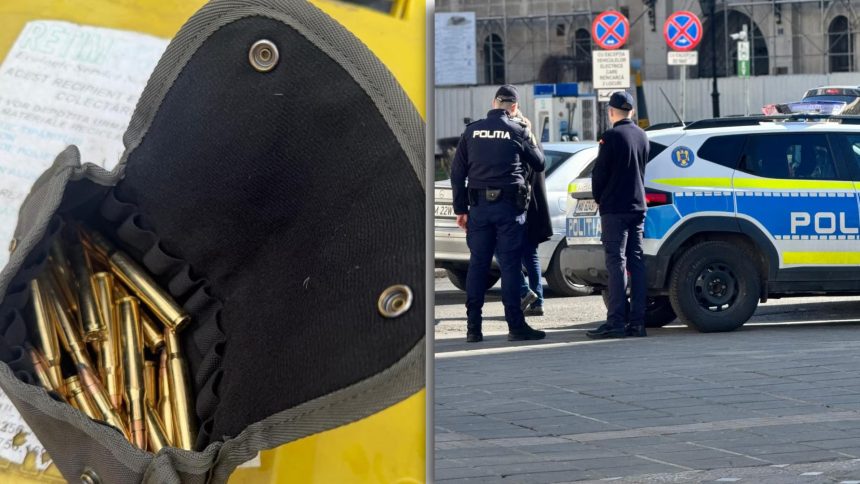 Echipaj de poliție pe strada Oituz din Timișoara, unde s-au găsit cartușe într-un tomberon.