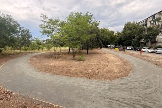 Spațiu verde proaspăt amenajat în cartierul Lipovei din Timișoara, cu alei din pietriș și scoarță de copac.