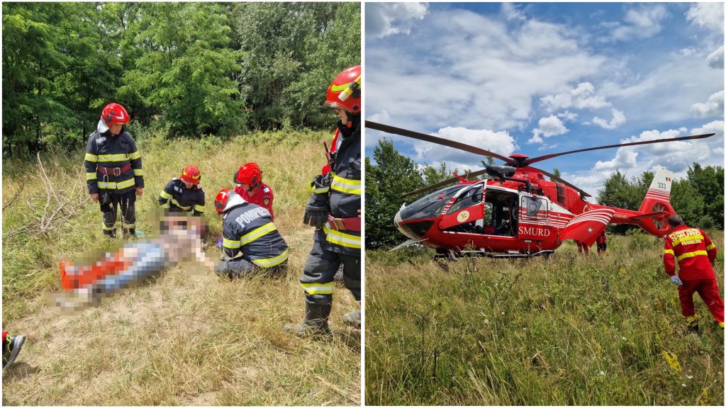 Elicopterul SMURD Caransebeș aterizat pe un câmp pentru preluarea unei victime în stare gravă.