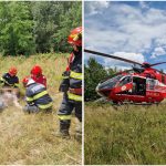 Elicopterul SMURD Caransebeș aterizat pe un câmp pentru preluarea unei victime în stare gravă.