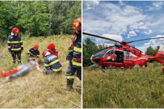 Elicopterul SMURD Caransebeș aterizat pe un câmp pentru preluarea unei victime în stare gravă.