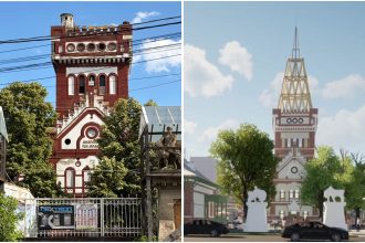 Turnul de apă din cărămidă roșie al fostului Abator Comunal din Timișoara, monument istoric în stil Secession.