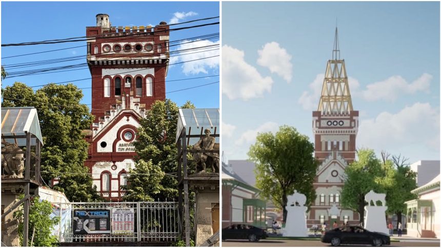 Turnul de apă din cărămidă roșie al fostului Abator Comunal din Timișoara, monument istoric în stil Secession.