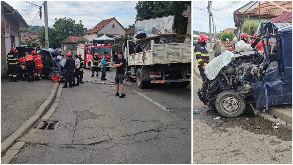 Interventie ISU pentru descarcerarea unei victime in urma unui accident rutier cu doua autoutilitare la Resita