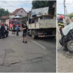 Interventie ISU pentru descarcerarea unei victime in urma unui accident rutier cu doua autoutilitare la Resita