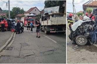 Interventie ISU pentru descarcerarea unei victime in urma unui accident rutier cu doua autoutilitare la Resita