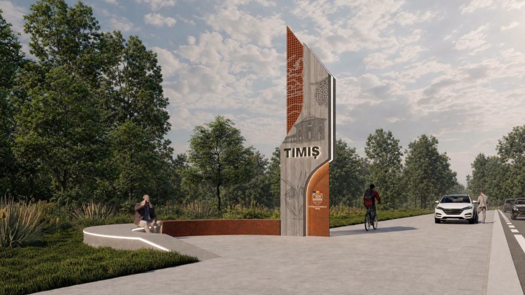 Proiect de identitate vizuală pentru județul Timiș reprezentând noile totemuri moderne iluminate ce vor marca intrările rutiere din județ.