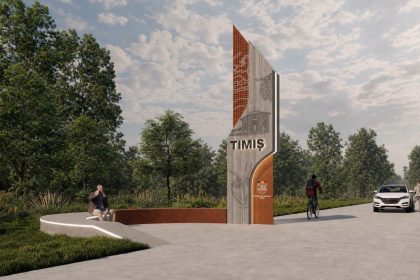 Proiect de identitate vizuală pentru județul Timiș reprezentând noile totemuri moderne iluminate ce vor marca intrările rutiere din județ.
