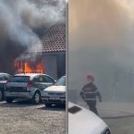 Pompierii de la ISU Timiș intervin de urgență cu mai multe autospeciale pentru stingerea unui incendiu puternic izbucnit la o clădire de magazine pe strada Martir Elena Nicoară din Timișoara.