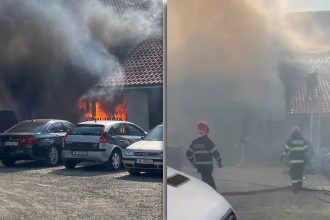 Pompierii de la ISU Timiș intervin de urgență cu mai multe autospeciale pentru stingerea unui incendiu puternic izbucnit la o clădire de magazine pe strada Martir Elena Nicoară din Timișoara.