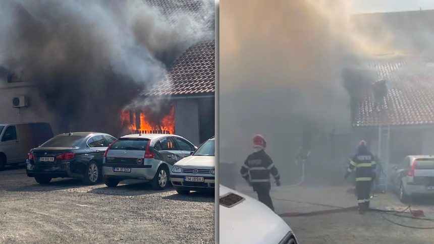 Pompierii de la ISU Timiș intervin de urgență cu mai multe autospeciale pentru stingerea unui incendiu puternic izbucnit la o clădire de magazine pe strada Martir Elena Nicoară din Timișoara.
