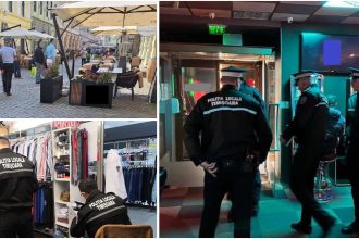 Polițiști locali din Timișoara efectuând controale la societăți comerciale și terase pentru verificarea acordului de funcționare.