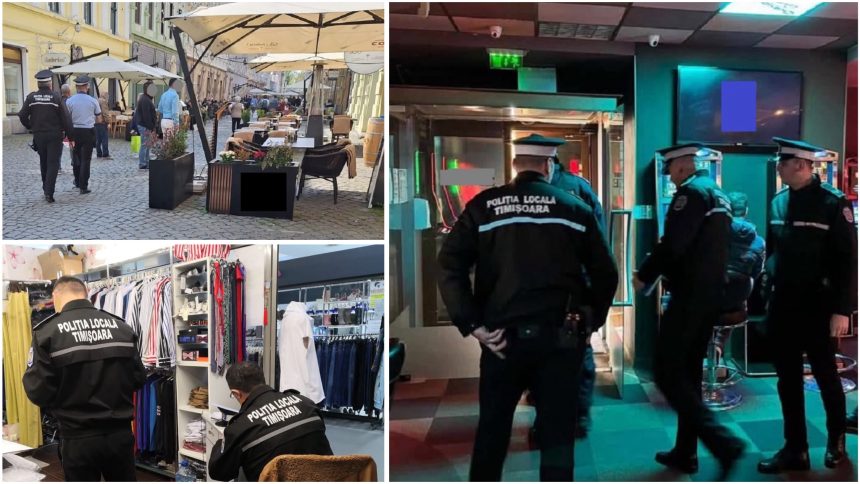 Polițiști locali din Timișoara efectuând controale la societăți comerciale și terase pentru verificarea acordului de funcționare.