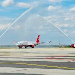 Aeronava Airbus A220-300 a companiei AnimaWings operând pe Aeroportul Internațional Timișoara