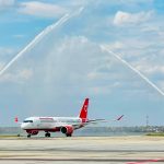 Aeronava Airbus A220-300 a companiei AnimaWings operând pe Aeroportul Internațional Timișoara