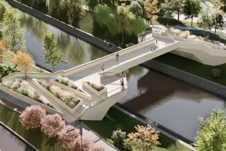 Randare tridimensională cu viitoarea Pasarelă a Îndrăgostiților din Timișoara, un pod modern cu rampe pentru bicicliști și iluminat cu LED.