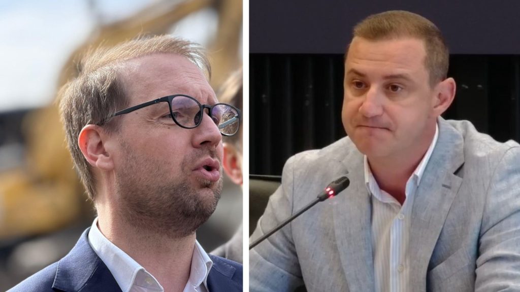 Primarul Timișoarei, Dominic Fritz, și președintele Consiliului Județean Timiș, Alfred Simonis, surprinși în timpul unei discuții tensionate.