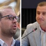 Primarul Timișoarei, Dominic Fritz, și președintele Consiliului Județean Timiș, Alfred Simonis, surprinși în timpul unei discuții tensionate.