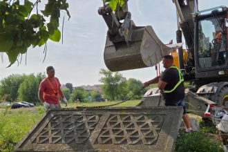 Echipe de intervenție ale Primăriei Timișoara dărâmând un gard ridicat ilegal pe domeniul public în apropierea Lacului Balaurul din cartierul Freidorf.