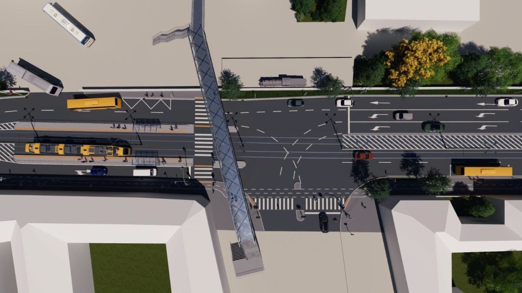 Randare de proiect cu viitoarea linie nouă de tramvai din Timișoara care va face legătura între Gara de Nord, pasajul Solventul și Calea Bogdăneștilor.
