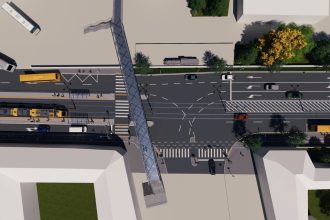Randare de proiect cu viitoarea linie nouă de tramvai din Timișoara care va face legătura între Gara de Nord, pasajul Solventul și Calea Bogdăneștilor.