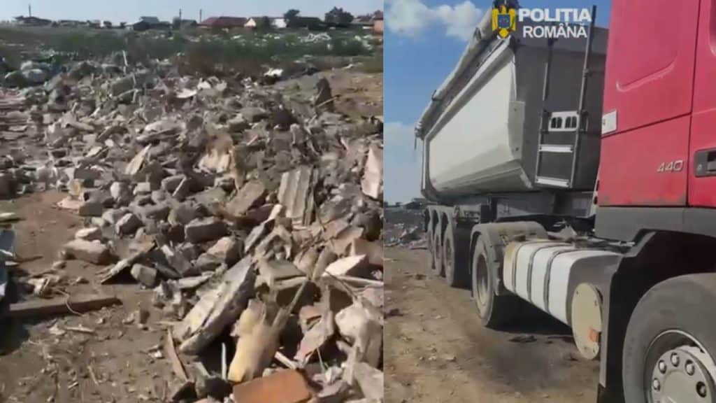 Un camion de mare tonaj confiscat de autorități în localitatea Șimand, județul Arad, după ce șoferul a fost prins descărcând ilegal moloz pe câmp.