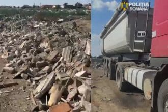 Un camion de mare tonaj confiscat de autorități în localitatea Șimand, județul Arad, după ce șoferul a fost prins descărcând ilegal moloz pe câmp.