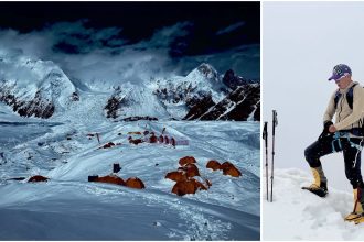 Horia Colibășanu în expediția de pe Gasherbrum II din Pakistan, unde s-a oprit la 7.500 de metri din cauza riscului ridicat de avalanșă.
