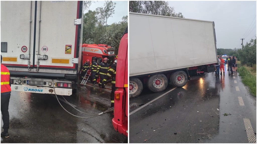Un TIR a părăsit carosabilul după impactul cu un microbuz, iar traficul a fost blocat temporar pentru intervenția echipajelor de descarcerare.
