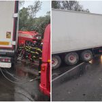 Un TIR a părăsit carosabilul după impactul cu un microbuz, iar traficul a fost blocat temporar pentru intervenția echipajelor de descarcerare.
