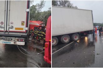 Un TIR a părăsit carosabilul după impactul cu un microbuz, iar traficul a fost blocat temporar pentru intervenția echipajelor de descarcerare.