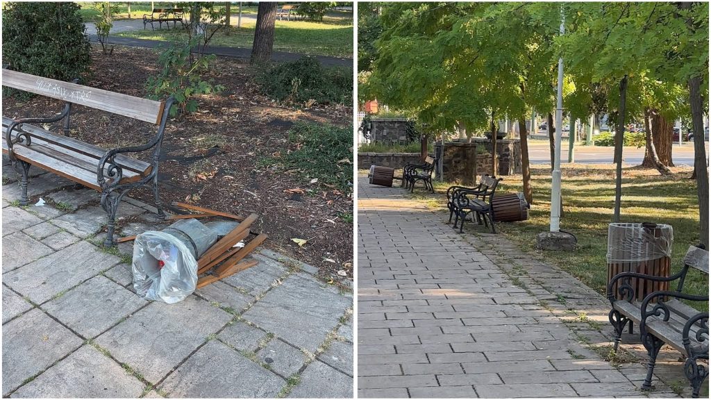 Coșuri de gunoi distruse și smulse din dalele de sprijin pe o alee din Parcul Central Anton Scudier Timișoara.