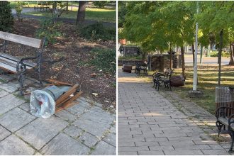 Coșuri de gunoi distruse și smulse din dalele de sprijin pe o alee din Parcul Central Anton Scudier Timișoara.