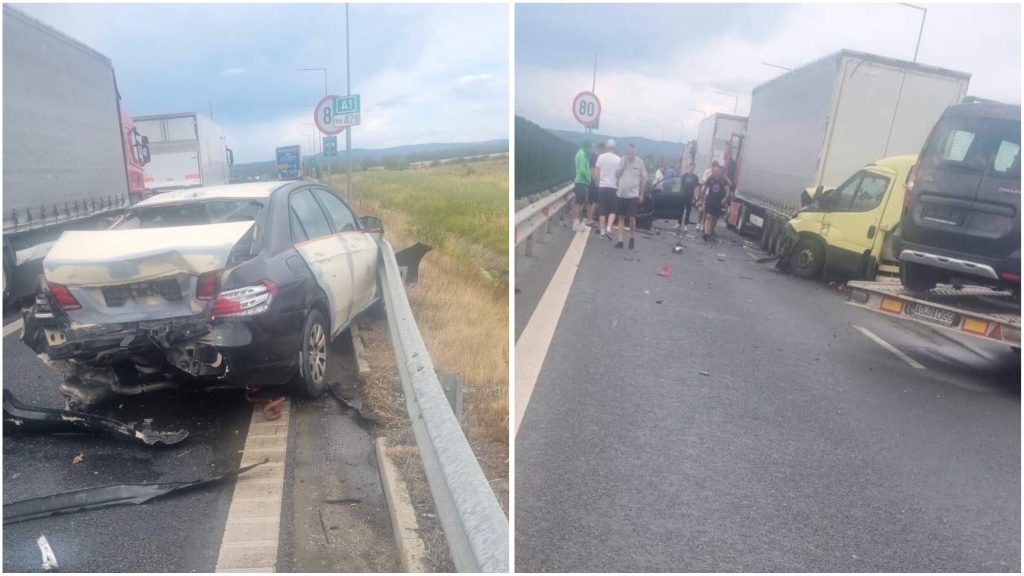 Accident în lanț pe A1 la ieșirea spre Margina: Patru vehicule implicate, o femeie descarcerată și trafic îngreunat.