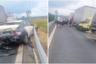Accident în lanț pe A1 la ieșirea spre Margina: Patru vehicule implicate, o femeie descarcerată și trafic îngreunat.